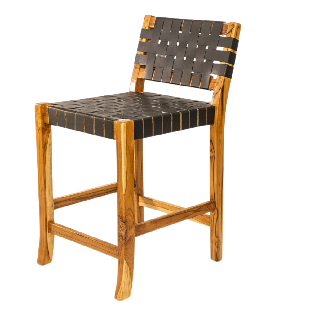 Silla alta Xaly — Madera de teca, cuero genuino